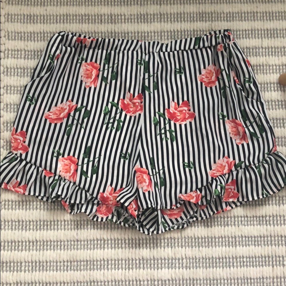 Floral and pin striped shorts.
